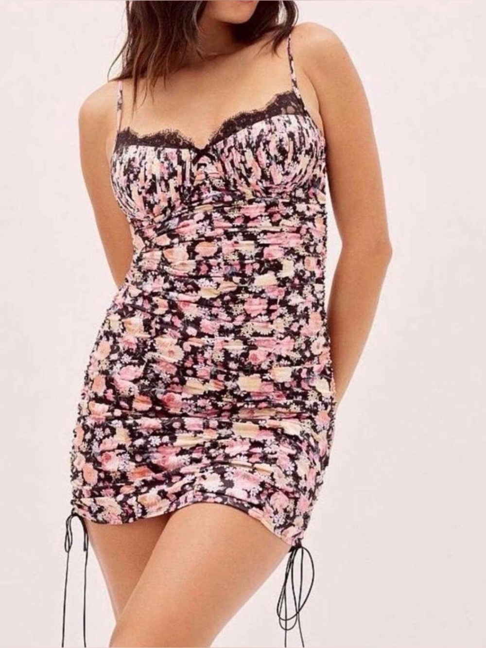 For Love & Lemons Black/Pink Floral Satin Bustier Mini Dress